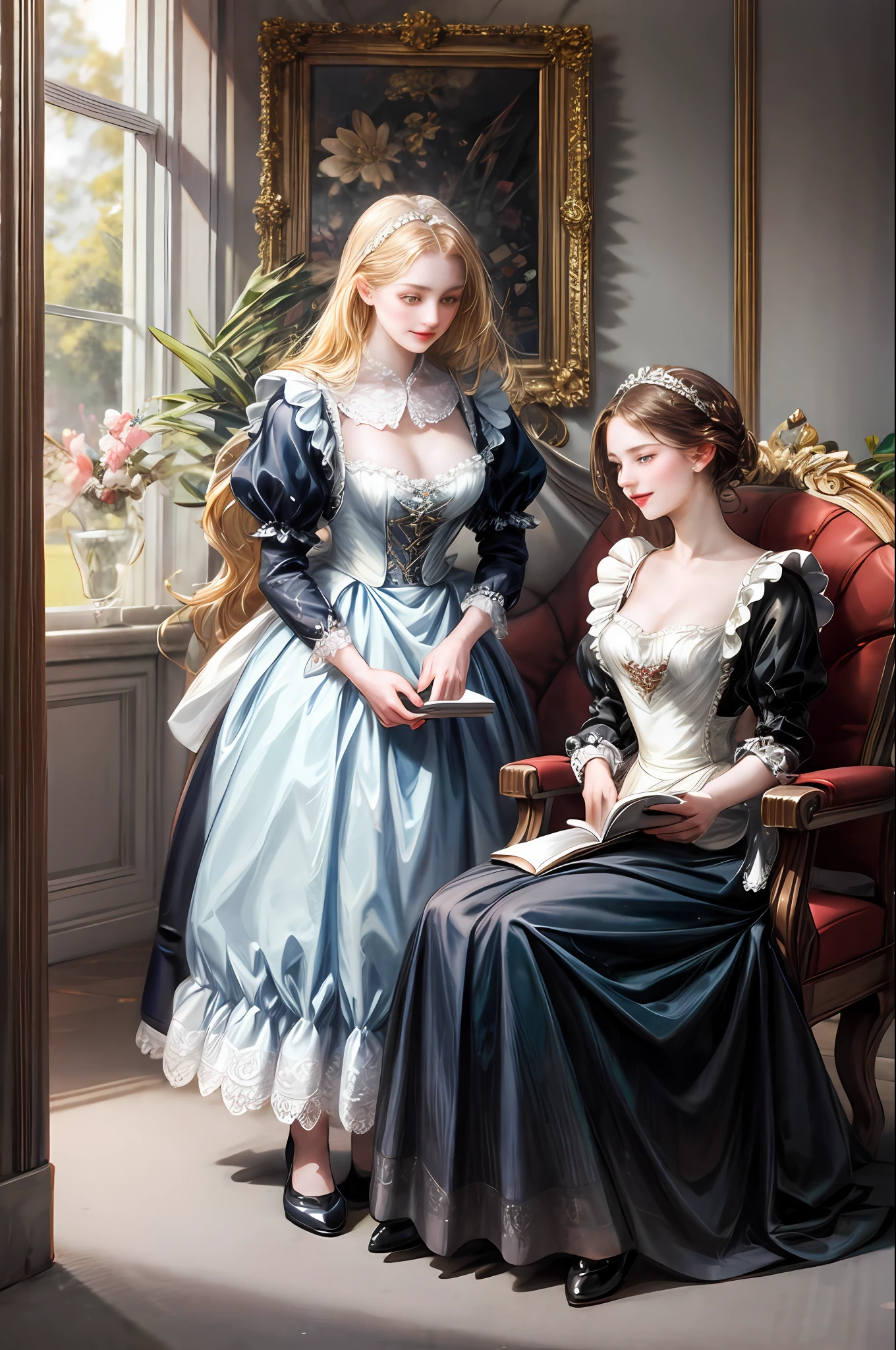 A maid standing next to the noble lady hiding a book behind her and the young lady of nobility sitting