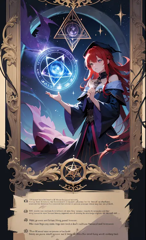 Masterpiece, Best Quality, Mixed Potion, Energy, Unknown Horror, Arcane, Magic Surround, Magic Surround, Wand, Books, Pages Flying in the Sky, Omniscience, Predicting the Future, Understanding the Past, Frost Magic, Warlock, Magic Circle, Pentagram, Spells, Chant Magic, Red Hair, Long Hair, --v 6