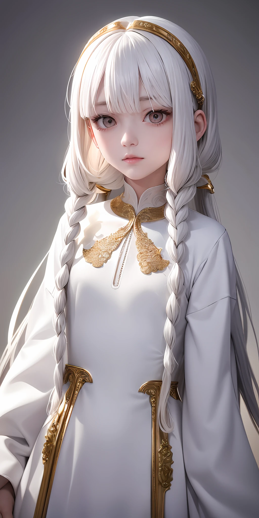 best quality, masterpiece,white hair, gold eyes,white clothes, looking up, upper body,hair strand,Fair skin,side braids