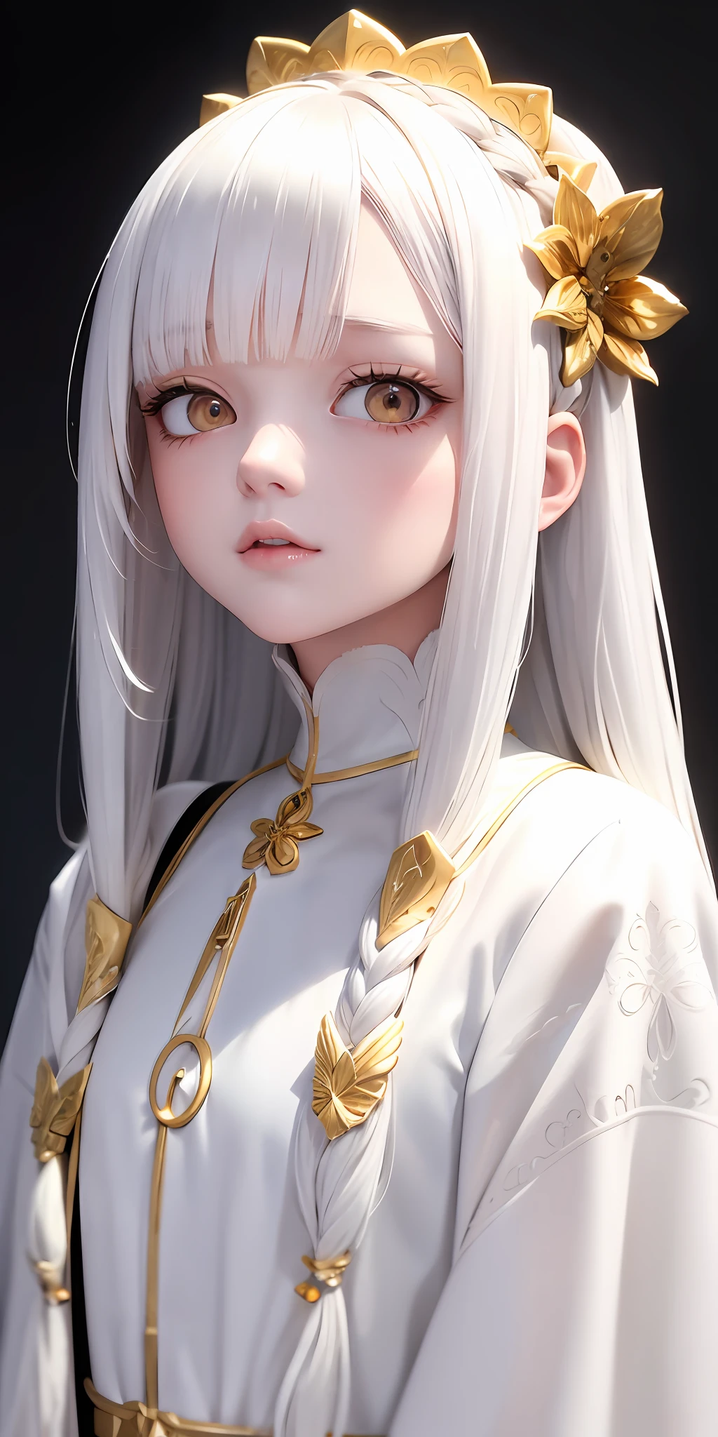 best quality, masterpiece,white hair, gold eyes,white clothes, looking up, upper body,hair strand,Fair skin,side braids