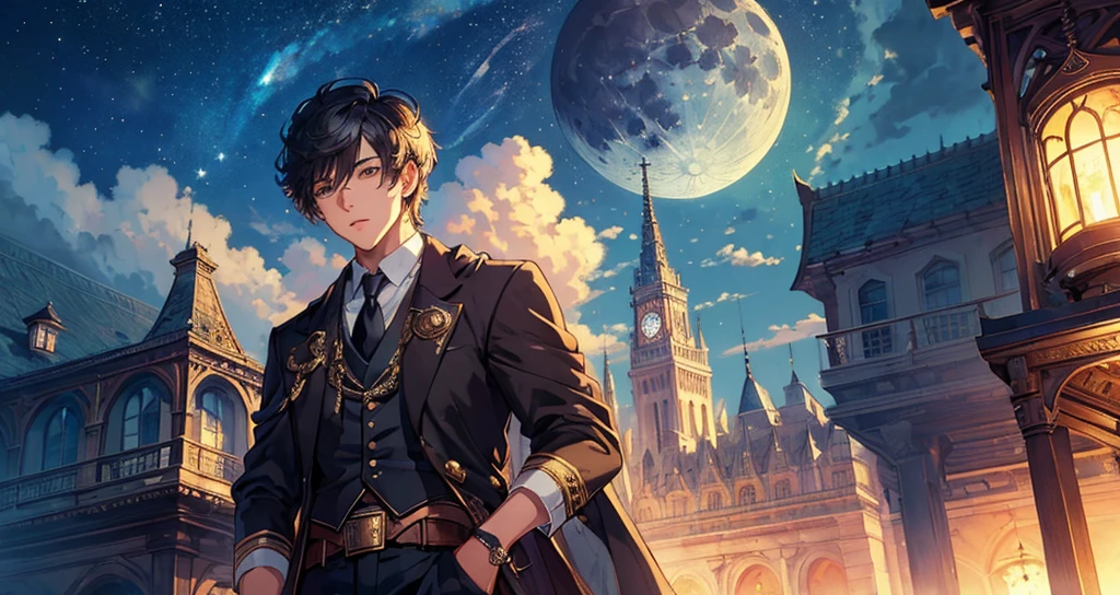 (masterpiece:1.5), (ultra-detailed), (extremely detailed CG, ultra-detailed, best shadow:1.1), 1boy, solo, fantasy, night sky, outdoors, magic, moon, stars, clouds, wind, short hair, focus on subject, extremely detailed eyes, shadow on face, mysterious, hyper detailed, texture, detail, realism, depth, perspective, special effects, composition, scale, foreground, middle ground, background, perspective, light, color, texture, detail, beauty, wonder, mature young man, fantasy city