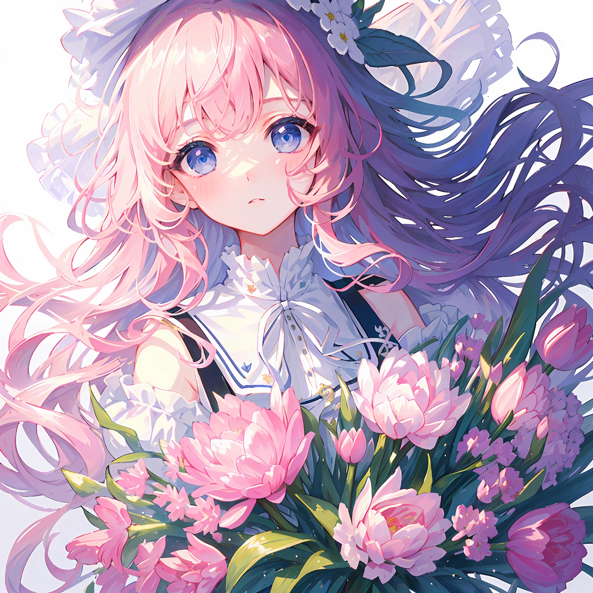 Masterpiece, Superb Quality, Ultra Detailed, Illustration, Portrait, 1girl, Blue Eyes, Long Hair, Curly Hair, Bangs, Hand Bouquet, Pink Tulip, Side Looking at the Camera, Pure White Background, Gradient Background, Suspenders, Bare Shoulders,