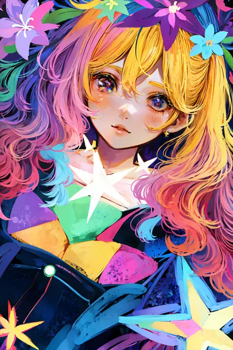 anime 2d style light blonde haired girl with lavender colored eyes wearing colorful star shaped clips in a world of rainbow, sta...