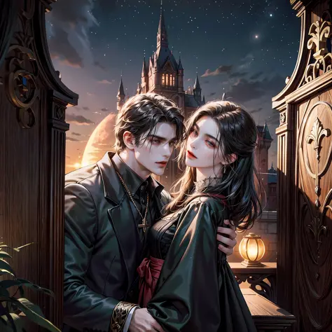 a young handsome male vampire  with long black hair, (beautiful face), standing at the front door of his gothic mansion, with a ...