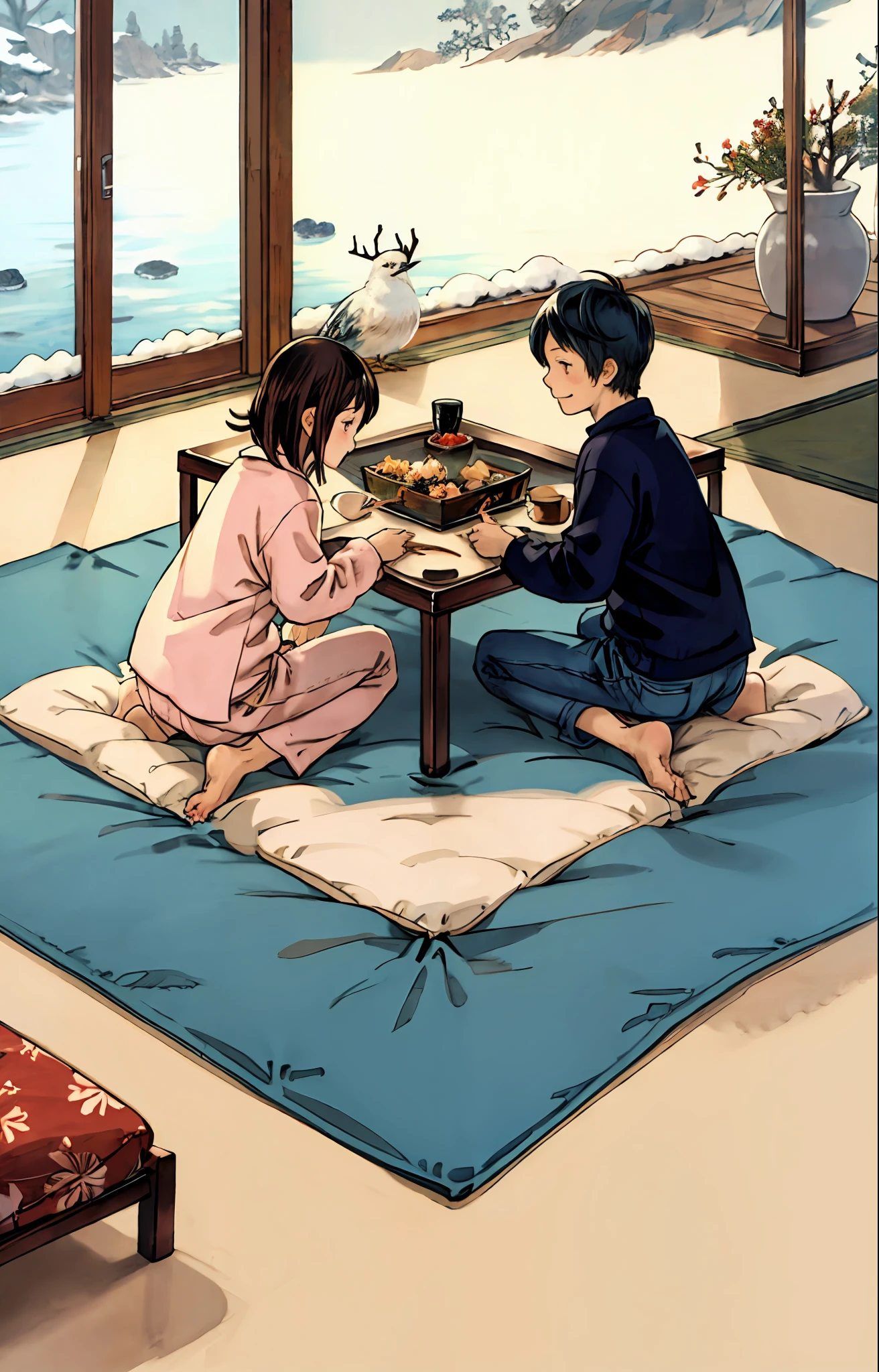 Meilleure qualité, contexte détaillé, couple, mer, Kotatsu, oiseau, neige, hiver,