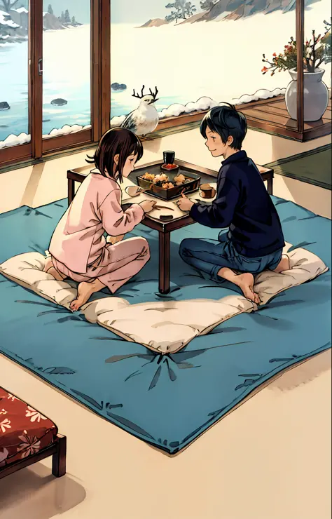 best quality, detailed background, couple, sea, kotatsu, bird, snow, winter,
