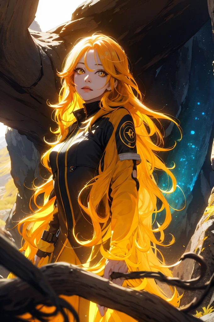 1 Frau .bunte Augen, gelbes gewelltes langes Haar, Kristallschlucht-Hintergrund, Betrachter betrachten,extrem detailliertes CG Unity 8k-Hintergrundbild