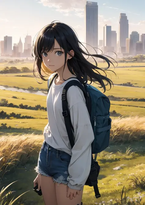 The vast sky, beautiful skyline, large grasslands, extremely tense and dramatic pictures, moving visual effects, high hanging Polaris, colorful natural glare. A girl in a long-sleeved top and denim shorts with a side backpack