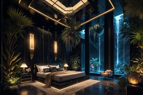 incredible black luxurious futuristic bedroom interior in Ancient Egyptian style with many (((lush plants))), ((beautiful flower...