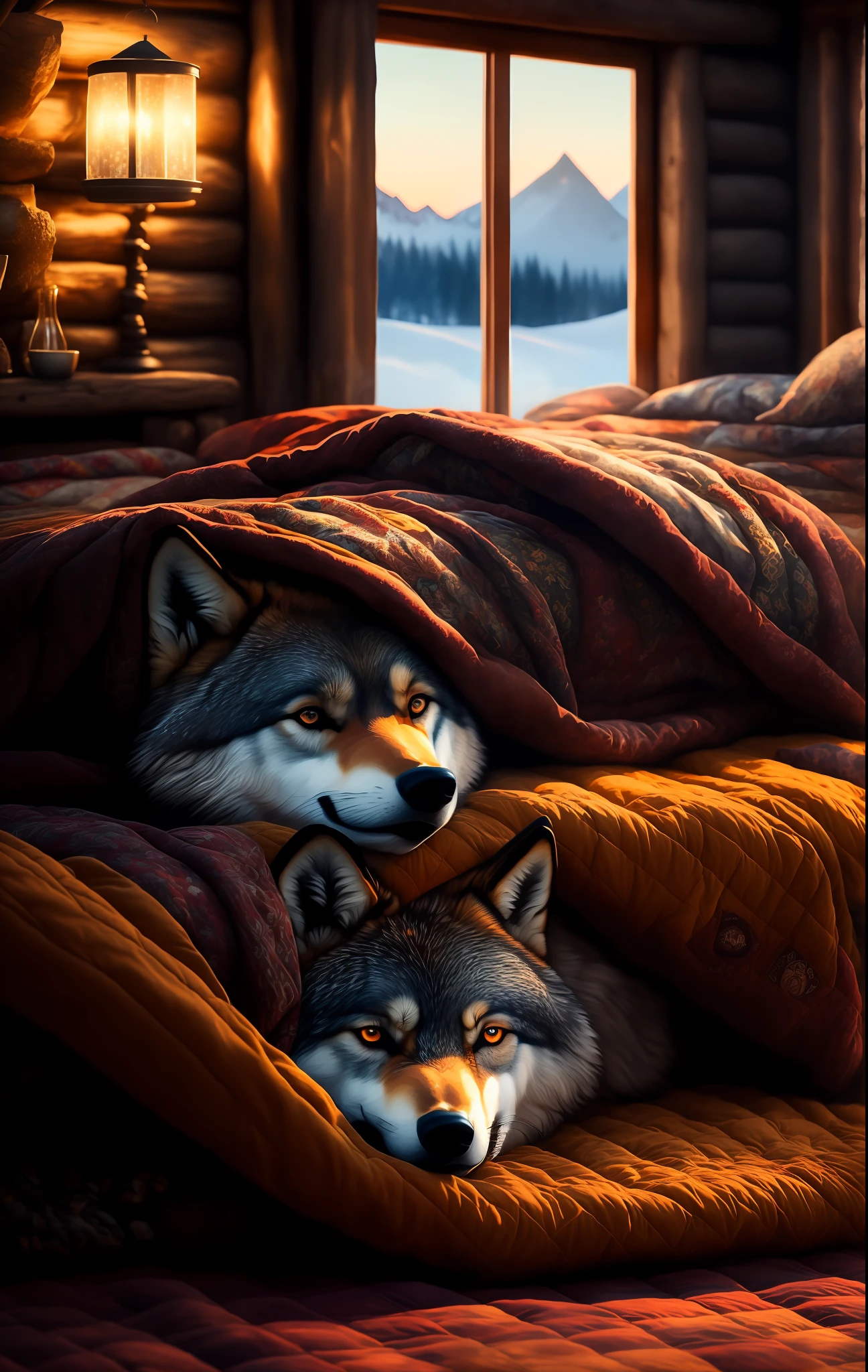 Cozy little wolf snuggled up in the large quilt of a warm cabin