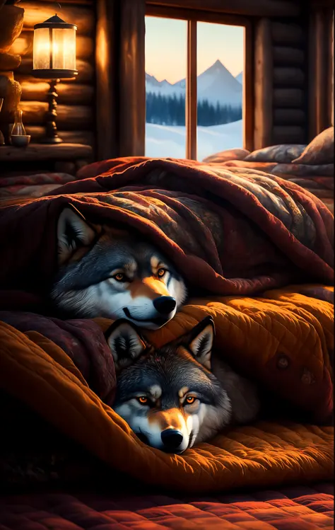 Cozy little wolf snuggled up in the large quilt of a warm cabin