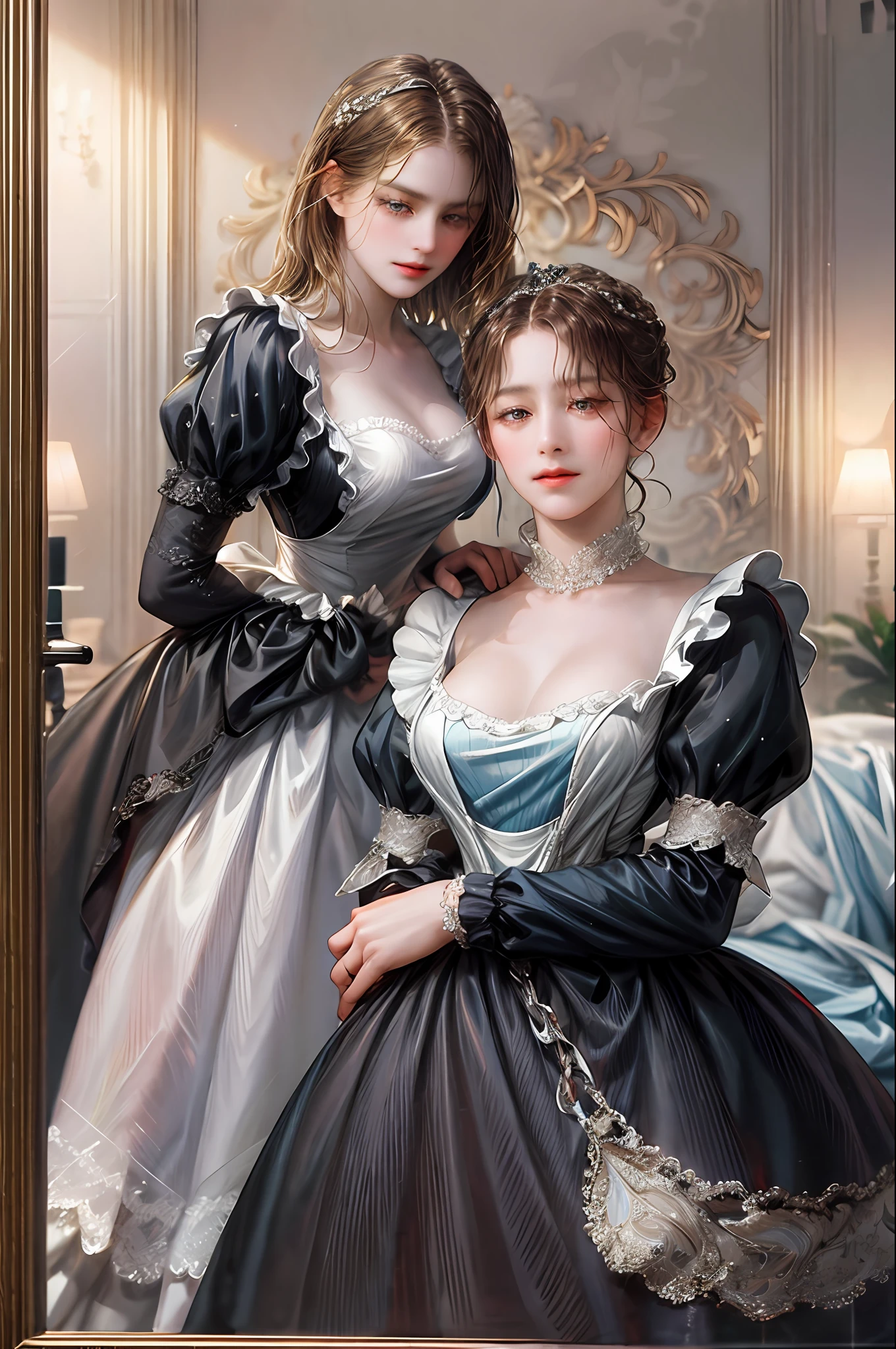 8:57
Masterpiece, best quality, Lesbians, lesbian relationship, two girls, in the foreground, one of the two girls, the young maid, could be depicted standing in a defiant position, wearing her maid's uniform, but with a determined and courageous look in her eyes. You might have a pose that denotes confidence, as if you're defying social conventions. Next to him, would be the other girl of the nobility, the lady of the mansion, dressed in an elegant period dress, but her expression would reveal the internal struggle he feels for his love for the maid. Their faces may be slightly tilted toward each other