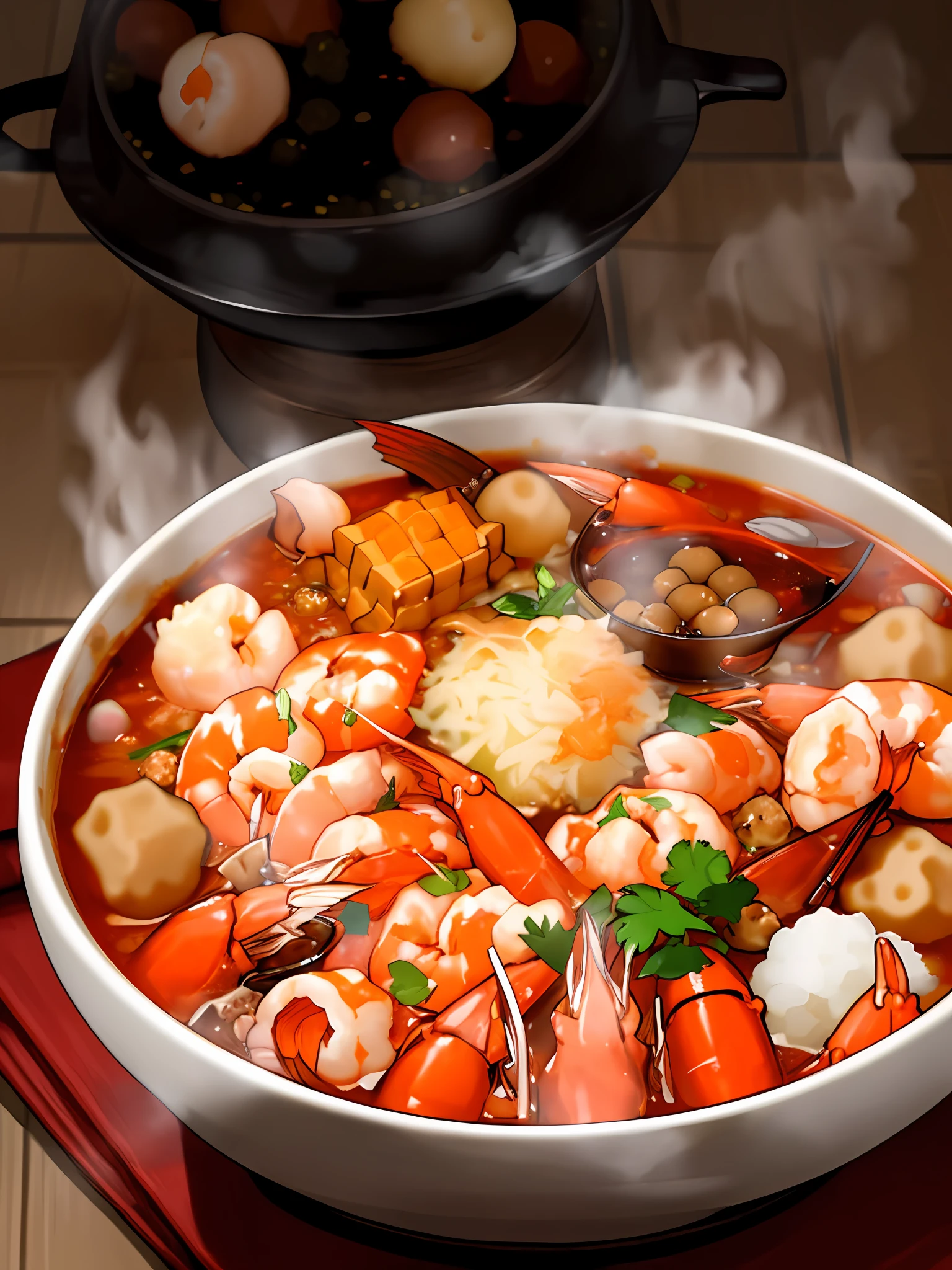 A bowl of Tom Yum Gong hot pot, with shrimp, tofu cubes, coriander, fish balls, tofu bubbles, --v 6