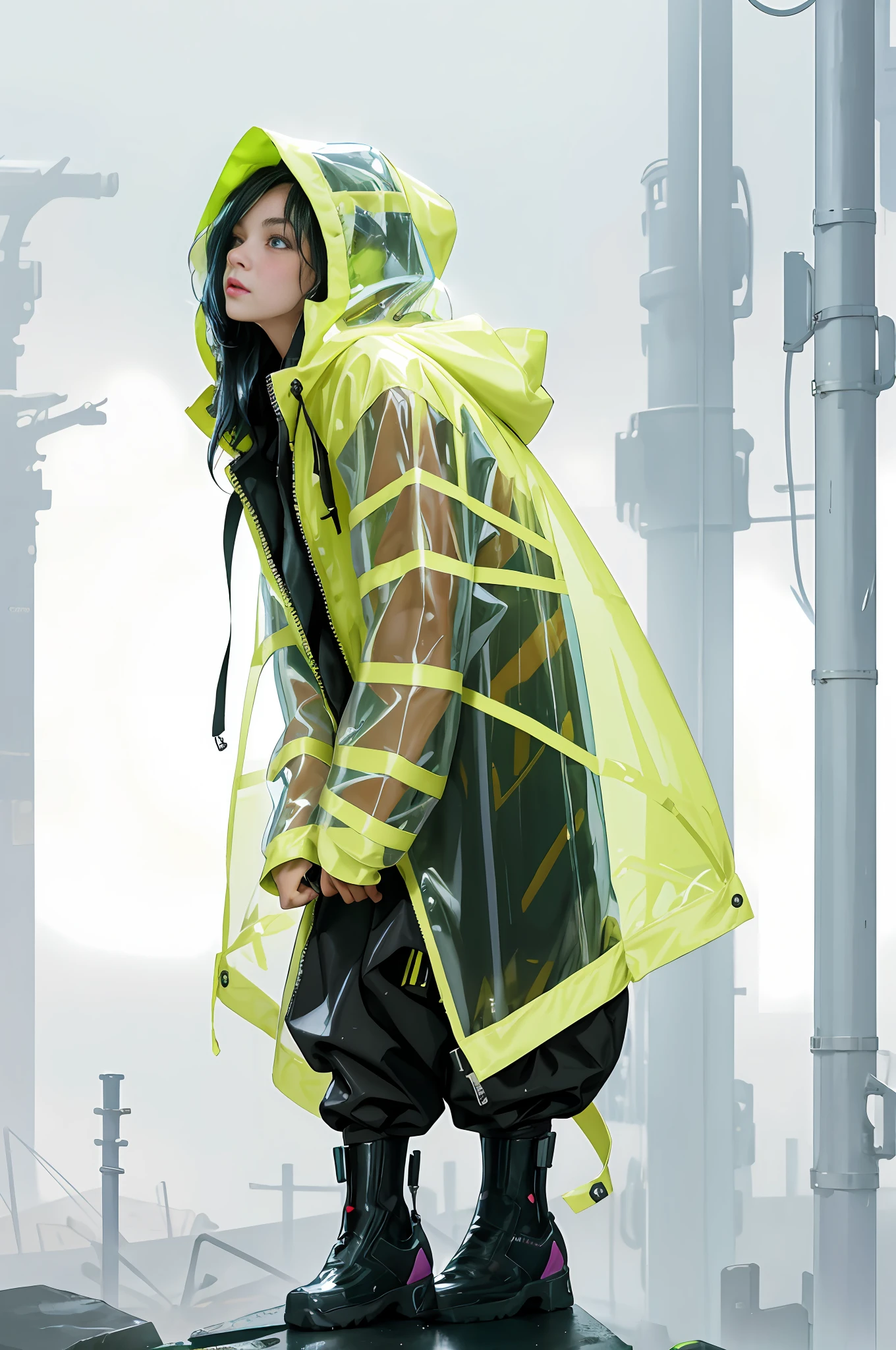 1 Beautiful girl, wearing cyberpunk raincoat and hood, full of fashion, heavy rain: 5, rain fidelity: 3, presenting cinematic lighting effects, picture quality masterpiece, ultra-clear 8k resolution, lots of detail. --v 6