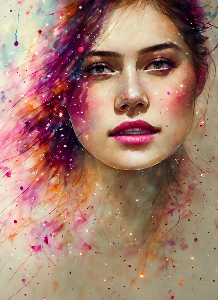 mujer con agnes cecile, diseño brillante, colores pasteles, gotas de tinta, luces de otoño