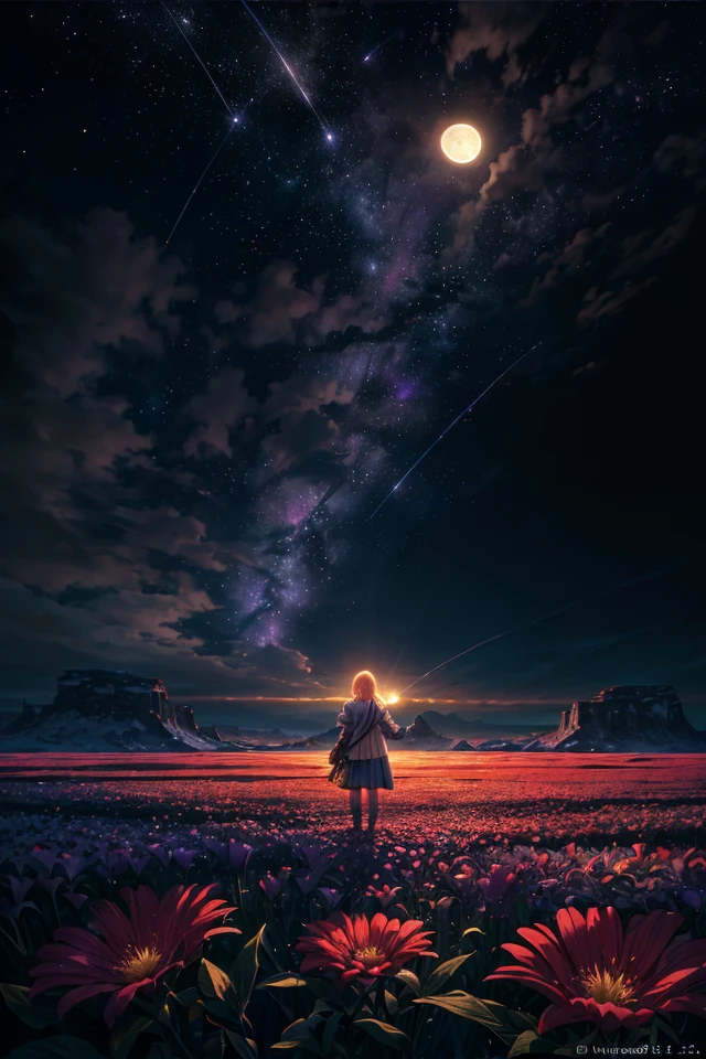 A Woman Standing In A Field Of Flowers Watching The Stars - Seaart Ai