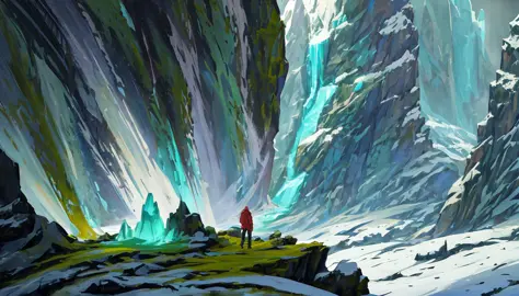 Conceptart,Concept Art,SamWho,mksks style, green moss, species, overlooking chasm, Mountains, Ice, Snow