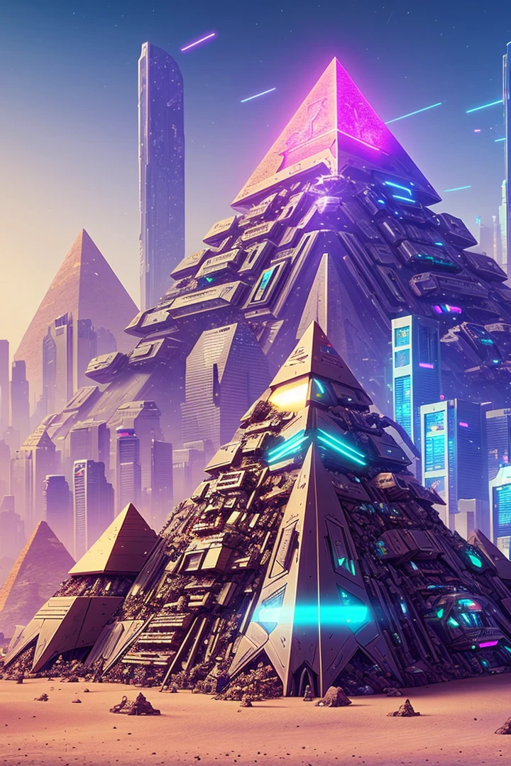 Fourmilière futuriste cyberpunk avec des effets de crome et des cristaux, en forme de pyramide avec une entrée mécanique