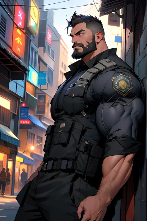 Best quality, masterpiece, super high resolution, detailed background, realistic, illustration, single, 1 boy, muscle man, beard, swat, street, muscular, facial hair, volumetric lighting, depth of field,black clothes