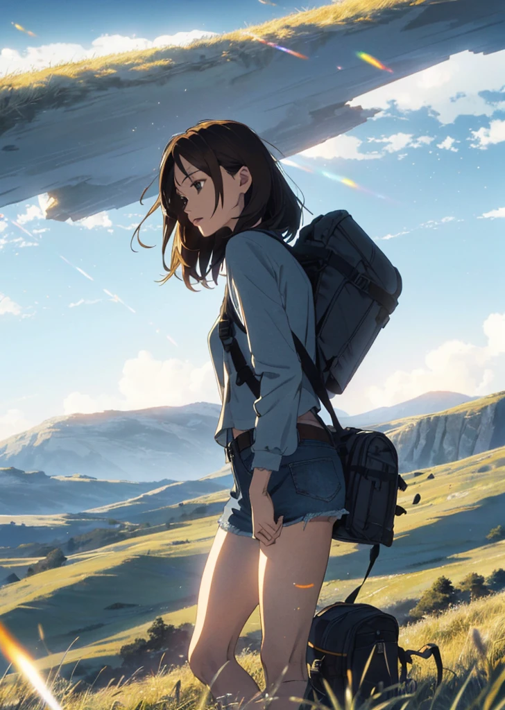 (beautiful and magnificent skyline, majestic sky), (extremely tense and dramatic pictures, moving visual effects), (high hanging Polaris, colorful natural light), (1girl), (long-sleeved top, denim shorts, carrying a backpack), (dynamic pose:1.3, black eyes, black hime-cut hair, sparkling girl)[:0.8], (large grassland), (oncoming breeze), (brown hair and background Coordination effect: 1.2), (close shot, long shot mix and match)[::0.9]