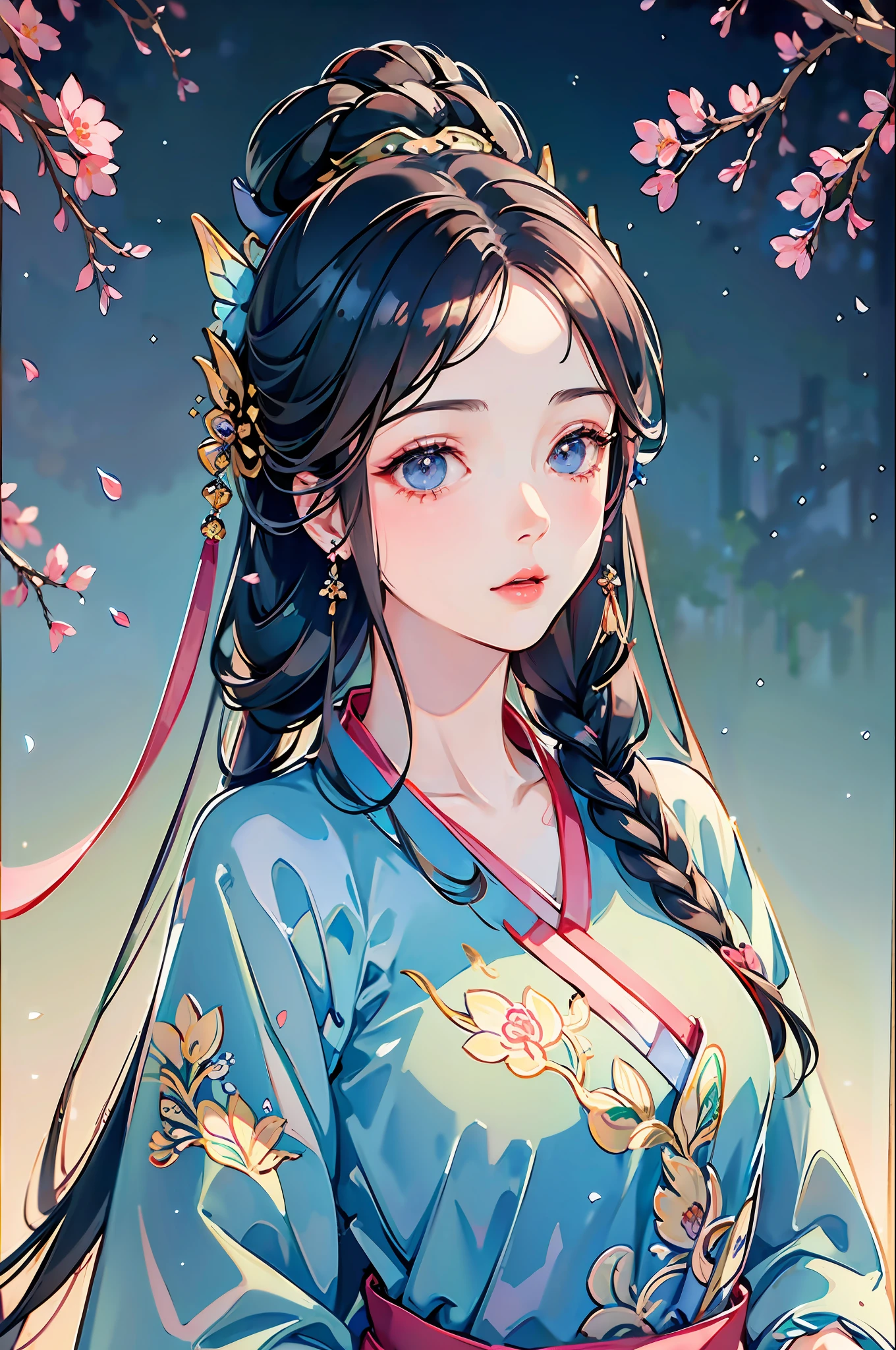 best quality,(RAW photo:1.2),(masterpiece:1.4),(photorealistic:1.4),(highres:1.4),
1girl, long hair, braid, butterfly, depth of field, from above,
hanami, cherry blossoms, lake, beautiful detailed water, black hair, long eyelashes, 
 pureerosface_v1, hanfu,
 AESPAKARINA,