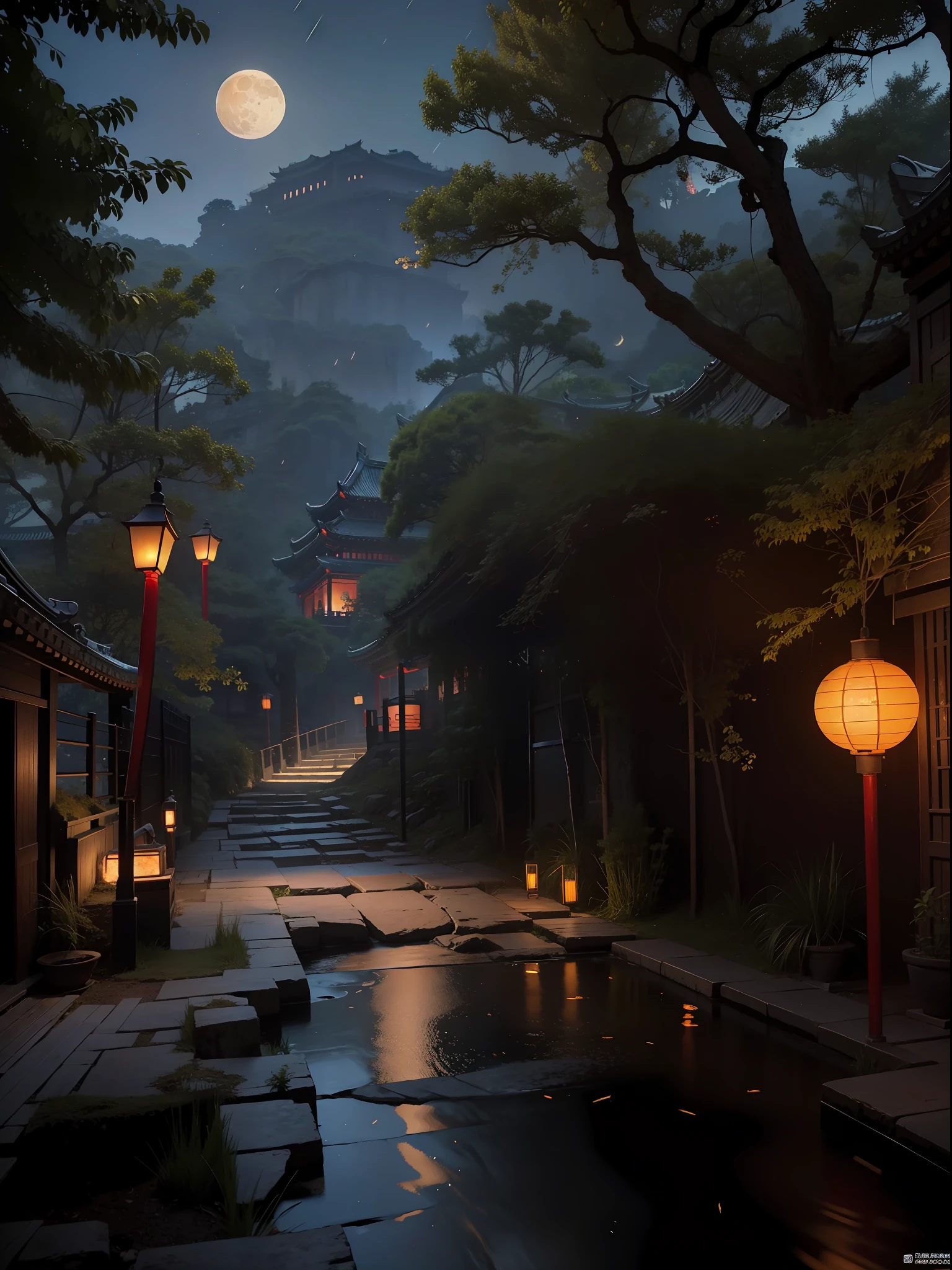 Official Art, Ancient China, Ancient Streets, (Lots of Fireflies), (Night), (Moon), Lights, Beautiful Landscapes, Epic Landscapes, Realistic Lights, Masterpiece, High Quality, Beautiful Graphics, High Detail , Global Illumination, Unreal Engine Rendering, Octane Rendering, (HDR: 1.3)