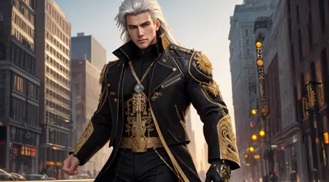 ((masterpiece)), the best quality, ultra detailed, intricate details, rich colors, sharp focus, strong and muscular man (((Black jacket with light gold details))))), ((With golden orange eyes)), Very long and long hair and spiky, Silver White Hair, Urban l...