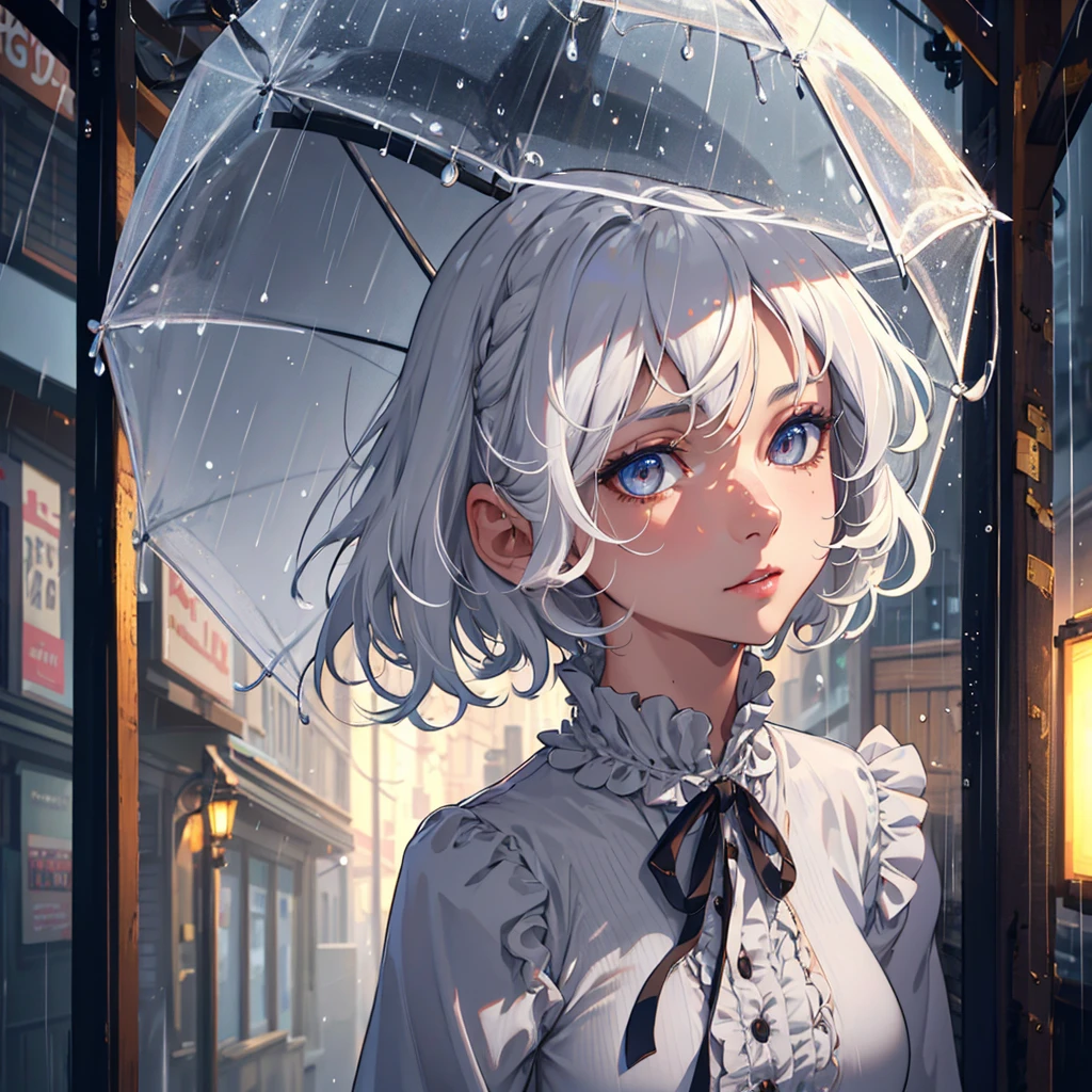 High resolution, highest quality, illustration, super detailed, (detailed face), (detailed eyes), cinematic lighting, best quality, super detailed, masterpiece, grandmother, solo, white hair, short hair, casual wear, medium breasts, light, (color), upper body, looking at the audience, kindness, alley, gray sky, rain,