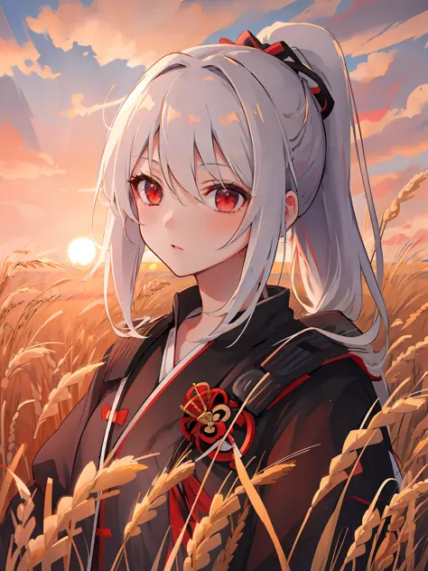 masterpiece, best quality, 1girl, portrait, white hair, ponytail, red eyes, samurai, wheat landscape, sun, clouds, (neutral colo...