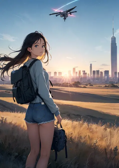 ((vast sky)), beautiful skyline, large grasslands, ((very tense)) and (dramatic)) pictures, ((moving))((visuals)), ((hanging North Star)), ((colorful)) natural light. ((long-sleeved top)) (denim shorts) | ((Back Backpack)) (Girls)