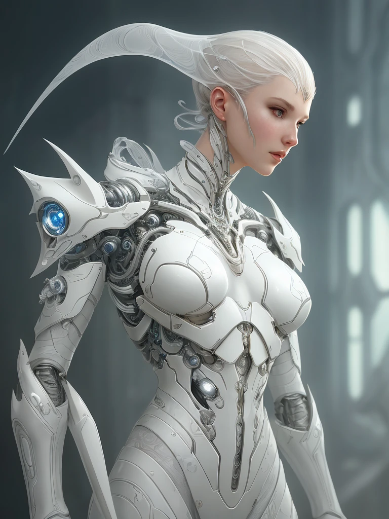 organic cyborg, white plastic, diffuse lighting, fantasy, intricate, elegant, highly detailed, lifelike, photorealistic, digital painting, artstation, illustration, concept art, smooth, sharp focus, art by John Collier and Albert Aublet and Krenz Cushart and Artem Demura