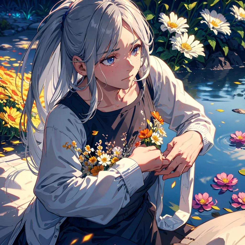 muscles, sitting, undercutting, facial hair, flower field, water, depth of field, dusk ((highest quality + illustration + masterpiece: 1.3 + super detailed: 1.2)), a super detailed grandmother, (super detailed face + eyes), cinematic lighting, (gray hair + long hair), sportswear, medium breasts, upper body, looking at the audience (casual expressions), random scenes, random weather, (color), (slow motion: 1.2), (soft light and shadow: 1.3).