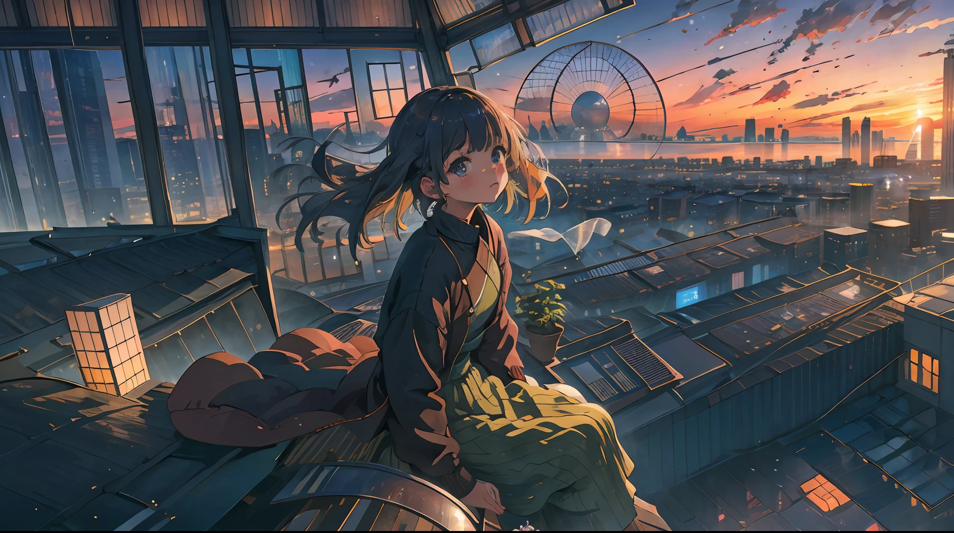 best quality, masterpiece, extremely detailed, detailed background, anime, 1girl, young girl, short girl, retro, city lansdscape, outdoors, sunset, beautiful sky, greenhouse, megastructure, bio-dome, landscape, scenery, horizon, rooftop, sitting on rooftop, wind, looking away, atmospheric lighting, solo focus, close up, from side, depth of field, bokeh