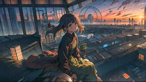 best quality, masterpiece, extremely detailed, detailed background, anime, 1girl, young girl, short girl, retro, city lansdscape...