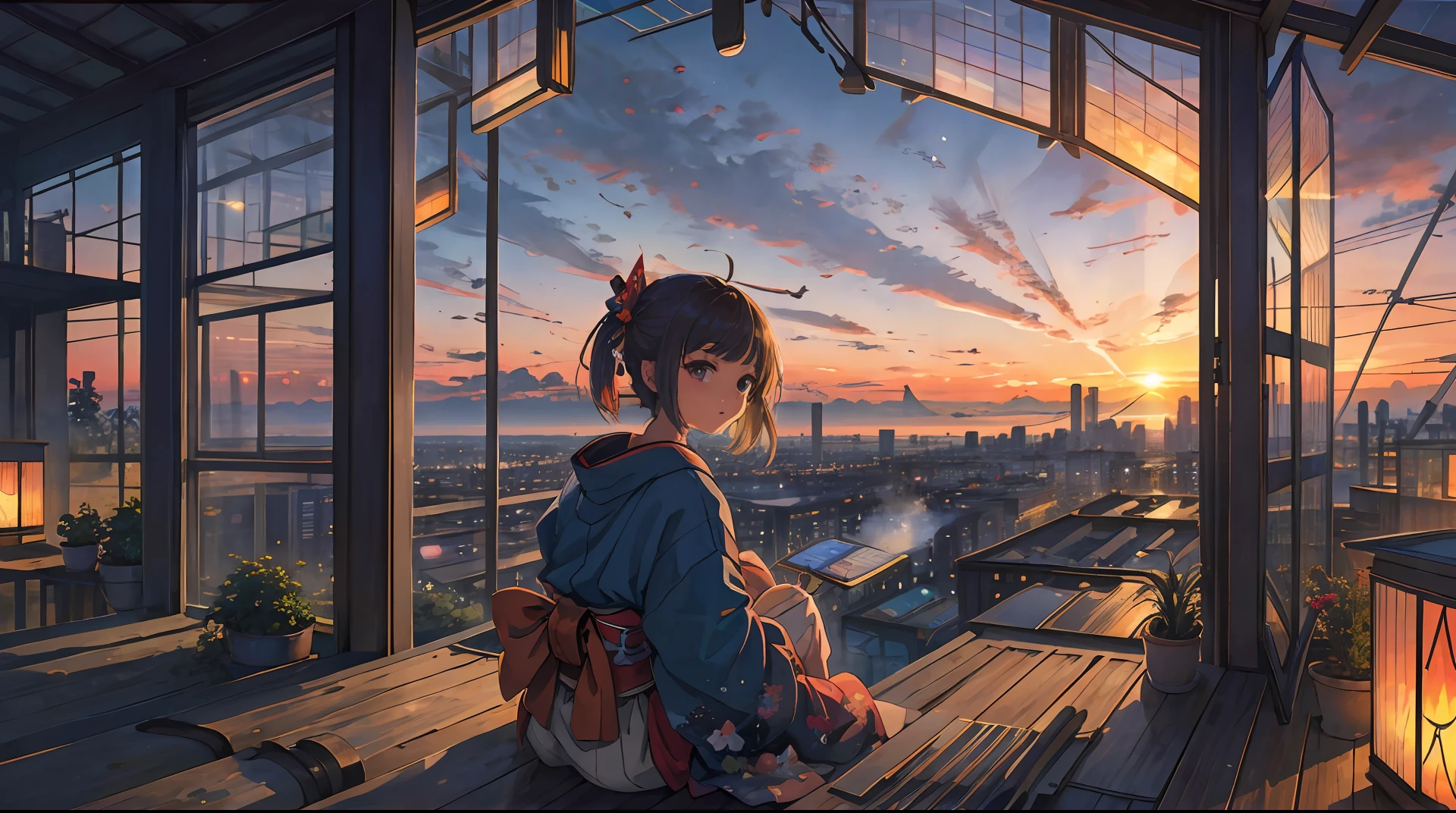 melhor qualidade, obra de arte, extremamente detalhado, fundo detalhado, anime, 1 garota, jovem, garota baixa, quimono, retrô, paisagem da cidade, ao ar livre, pôr do sol, Céu bonito, estufa, megaestrutura, bio-cúpula, paisagem, cenário, horizon, telhado, sitting on telhado, Vento, Desviando o olhar, iluminação atmosférica, Foco apenas, fechar-se, de lado, profundidade de campo, Bokeh