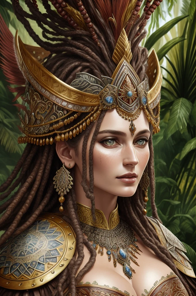 fantasy shaman, beautiful hungarian|indonesian woman, with dreadlocks, wearing ornate intricately decorated leather armor, realistic render, Dungeons and Dragons, Fantasy, octane render, zbrush. Character design, photorealistic, unreal engine, hyper-detailed, concept art, trending on art station. ((best quality)), ((masterpiece)), ((realistic)), (detailed), close up portrait, full body portrait, hazel eyes, wearing leather armor, highly detailed skin and hair, looking at the viewer, Fantasy art, stunning gradient colors, no watermark signature, closed mouth, detailed background, lush jungle, closed mouth, insanely detailed, ((masterpiece)), absurdres, HDR.