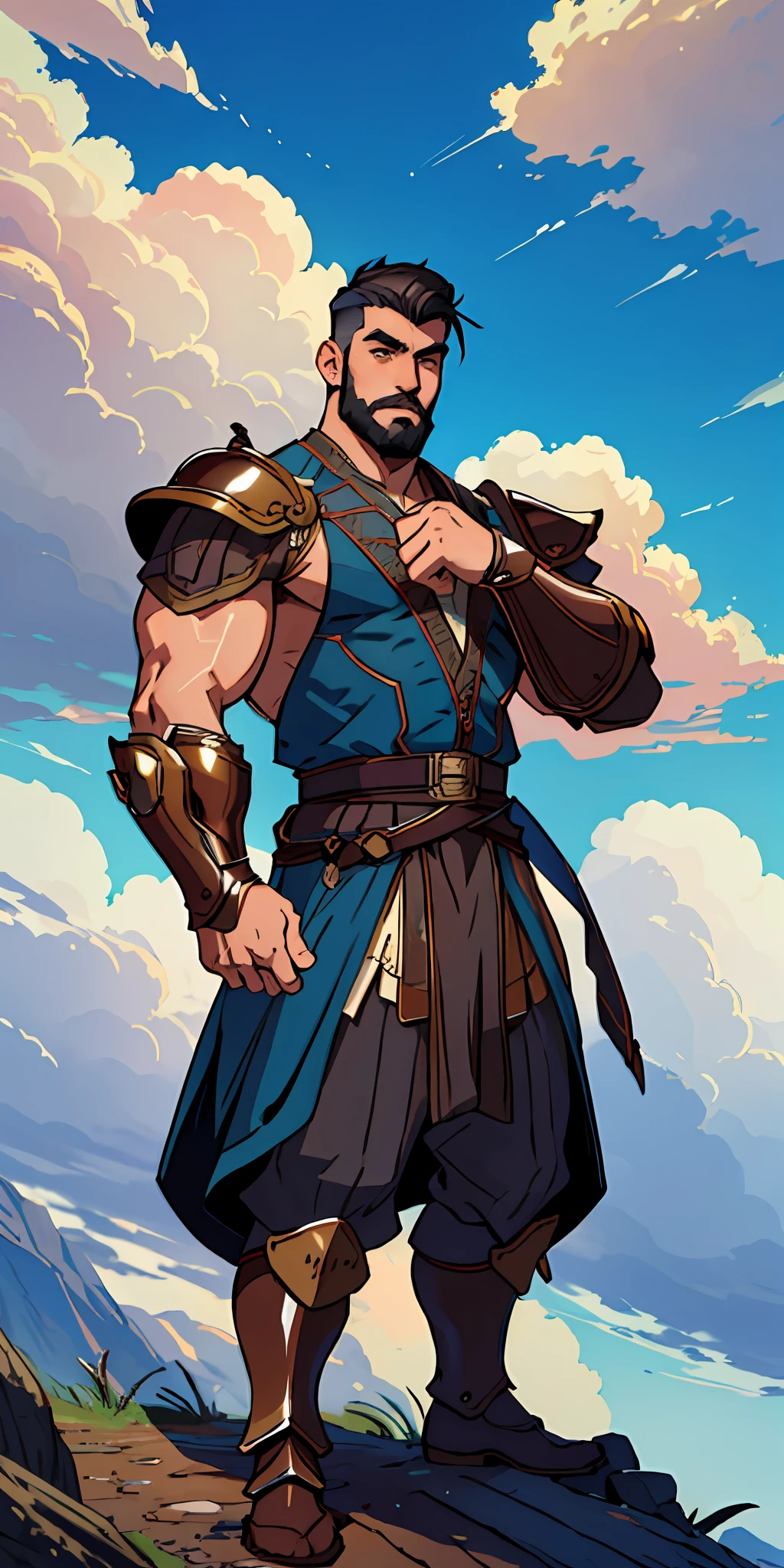 old male warrior, short hair shaved on the side, stylish beard, dynamic pose, wearing Victorian-era armor, ((background a sky full of clouds))