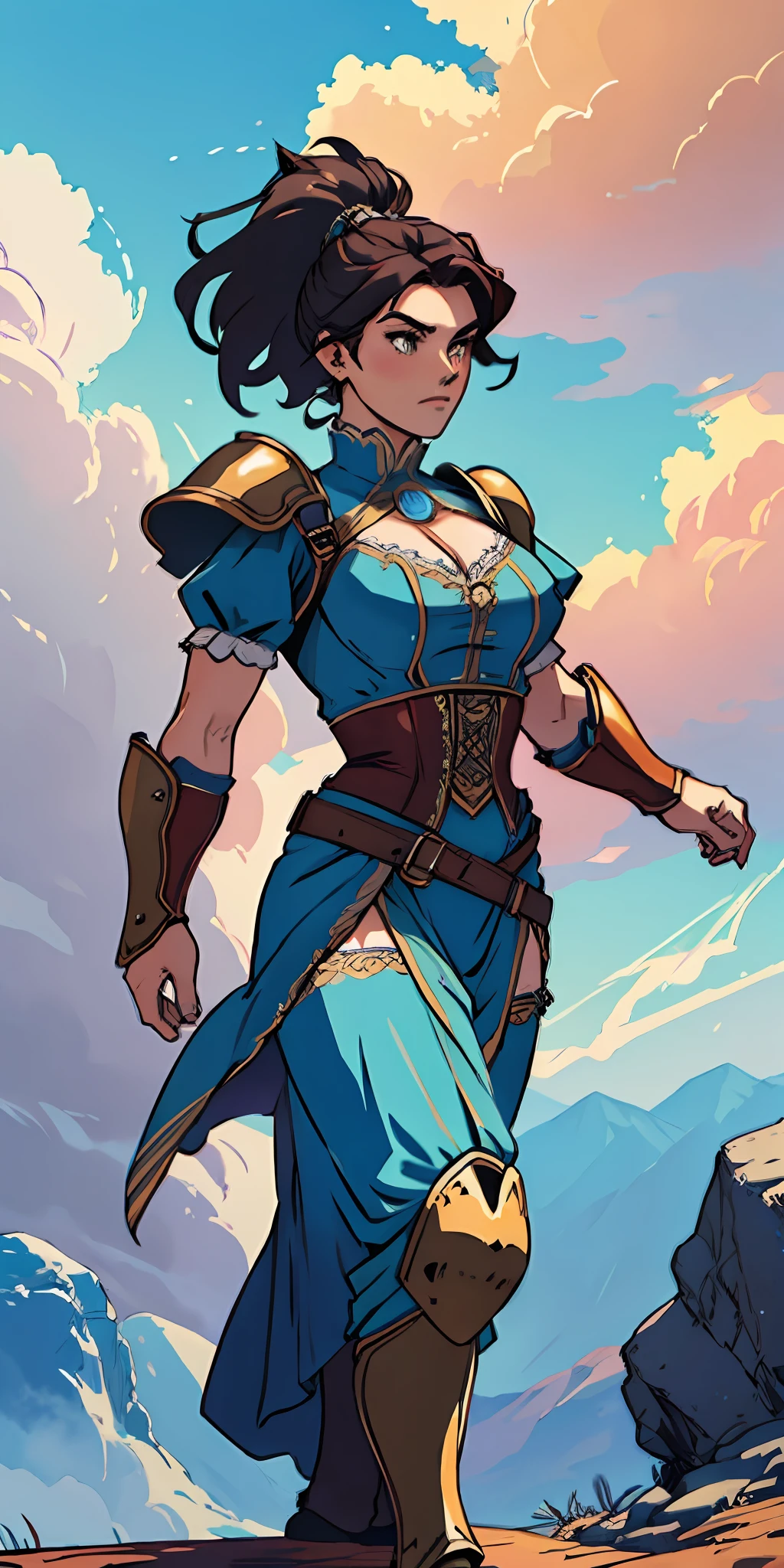 female warrior, dynamic pose, wearing Victorian-era armor, ((background: a sky full of clouds))