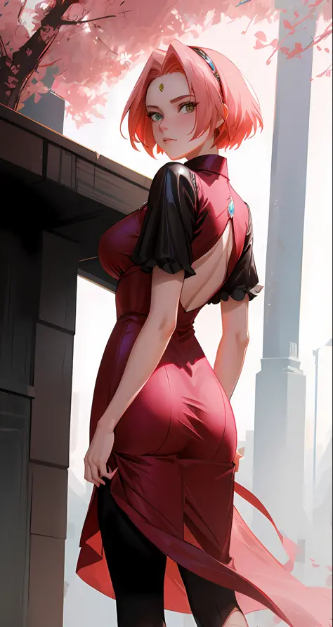 Queen of angels, beautiful woman, seductive, ((forehead the show)), standing, with wings protruding from her back, sexy eyes, red dress, forehead to show, queen, pink hair, delicate, young, short hair, full body, from League of Legends, trend in artstation...