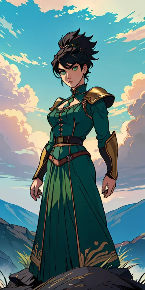 female warrior, short black hair, green eyes, dynamic pose, wearing Victorian-era armor, ((background: a sky full of clouds))