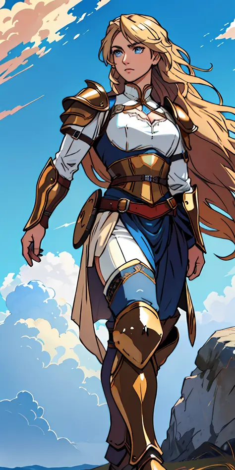 female warrior, long blond hair, blue eyes, dynamic pose, wearing Victorian-era armor, ((background: a sky full of clouds))