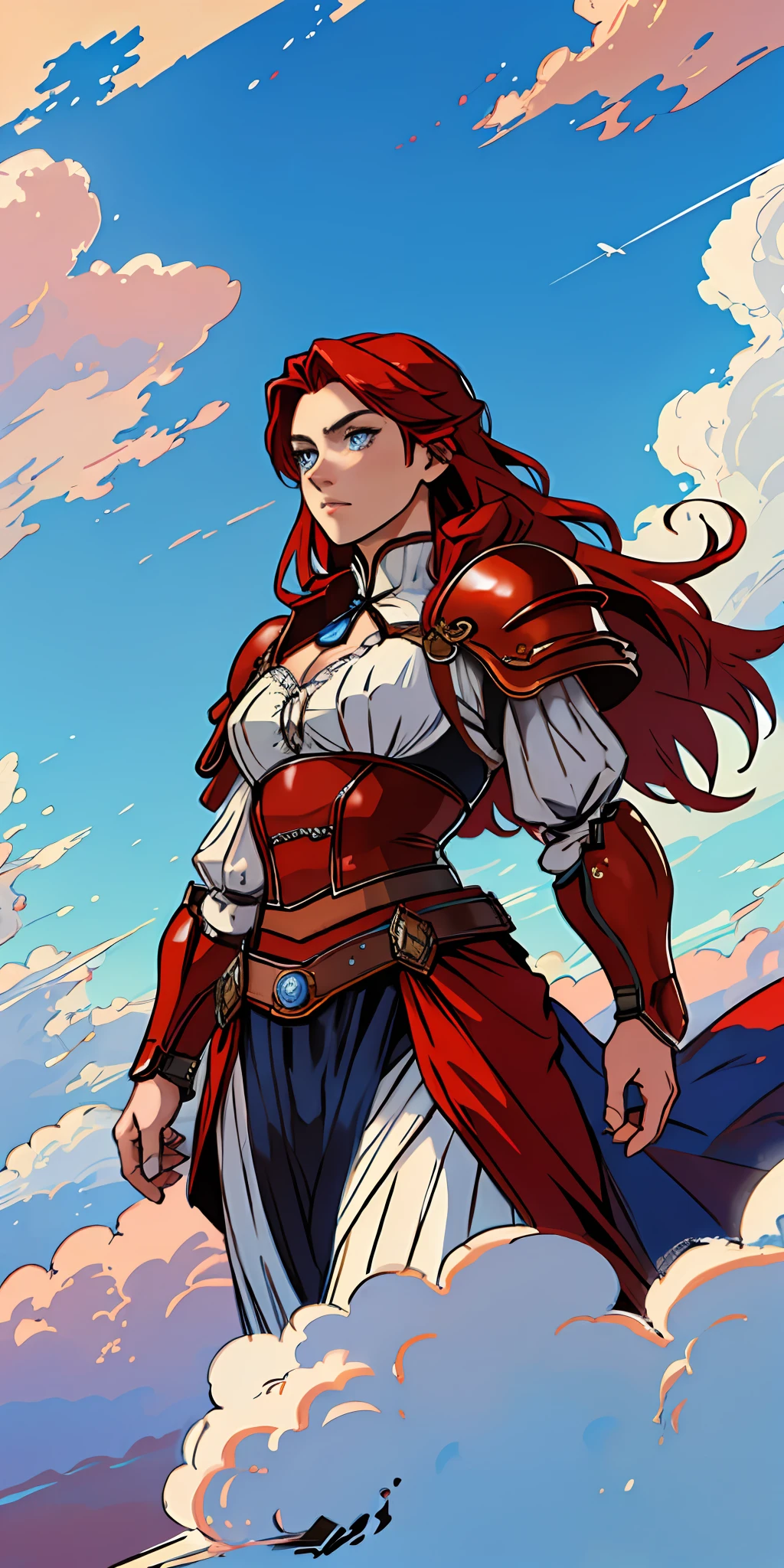 female warrior, long red hair, blue eyes, dynamic pose, wearing Victorian-era armor, ((background: a sky full of clouds))