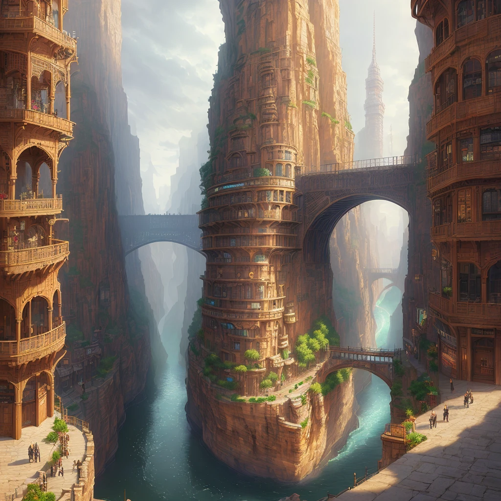 ((masterpiece)),((best quality)),((high detial)),((realistic,))
Industrial age city, deep canyons in the middle, architectural streets, bazaars, Bridges, rainy days, steampunk, European architecture