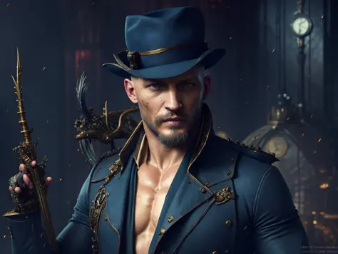 A muscular well built wealthy man from a steampunk city. He looks like Tom Hardy. Steampunk aesthetics in the background. Approa...