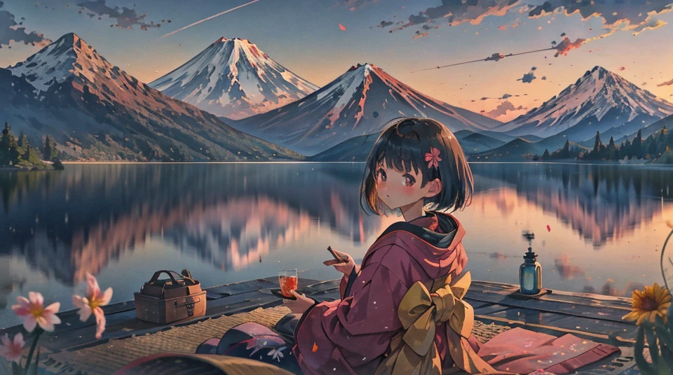 best quality, masterpiece, extremely detailed, detailed background, anime, 1girl, young girl, short girl, hands down, kimono, retro, mount fuji lansdscape, outdoors, sunset, beautiful sky, lake picnic, landscape, scenery, horizon, mountain sitting near mountain, wind, flower petal, looking away, atmospheric lighting, solo focus, close up, from side, depth of field, bokeh