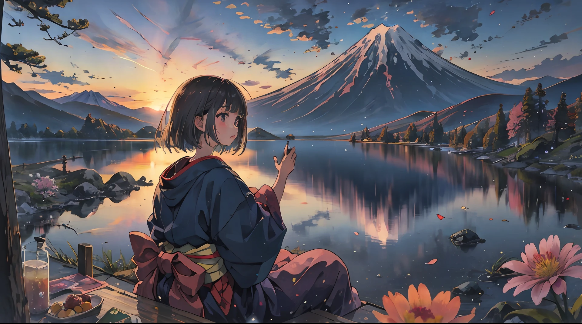 mejor calidad, obra maestra, extremadamente detallado, antecedentes detallados, animado, 1 chica, chica joven, muchacha de baja estatura, manos abajo, kimono, retro, paisaje del monte fuji, Al aire libre, atardecer, cielo hermoso, picnic en el lago, paisaje, escenario, horizonte, montaña sentada cerca de la montaña, viento, petalo de flor, mirando hacia otro lado, iluminación atmosférica, Solo enfoque, de cerca, de un lado, profundidad de campo, bokeh