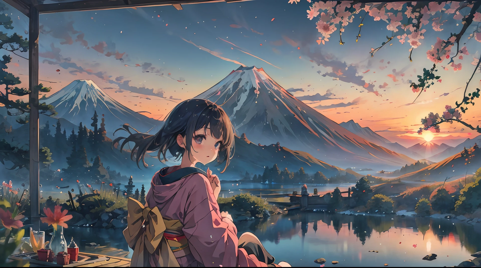 melhor qualidade, obra de arte, extremamente detalhado, fundo detalhado, anime, 1 garota, jovem, garota baixa, mãos para baixo, quimono, retrô, paisagem do monte fuji, ao ar livre, pôr do sol, Céu bonito, piquenique no lago, paisagem, cenário, horizon, montanha sentada perto da montanha, Vento, pétala de flor, Desviando o olhar, iluminação atmosférica, Foco apenas, fechar-se, de lado, profundidade de campo, Bokeh