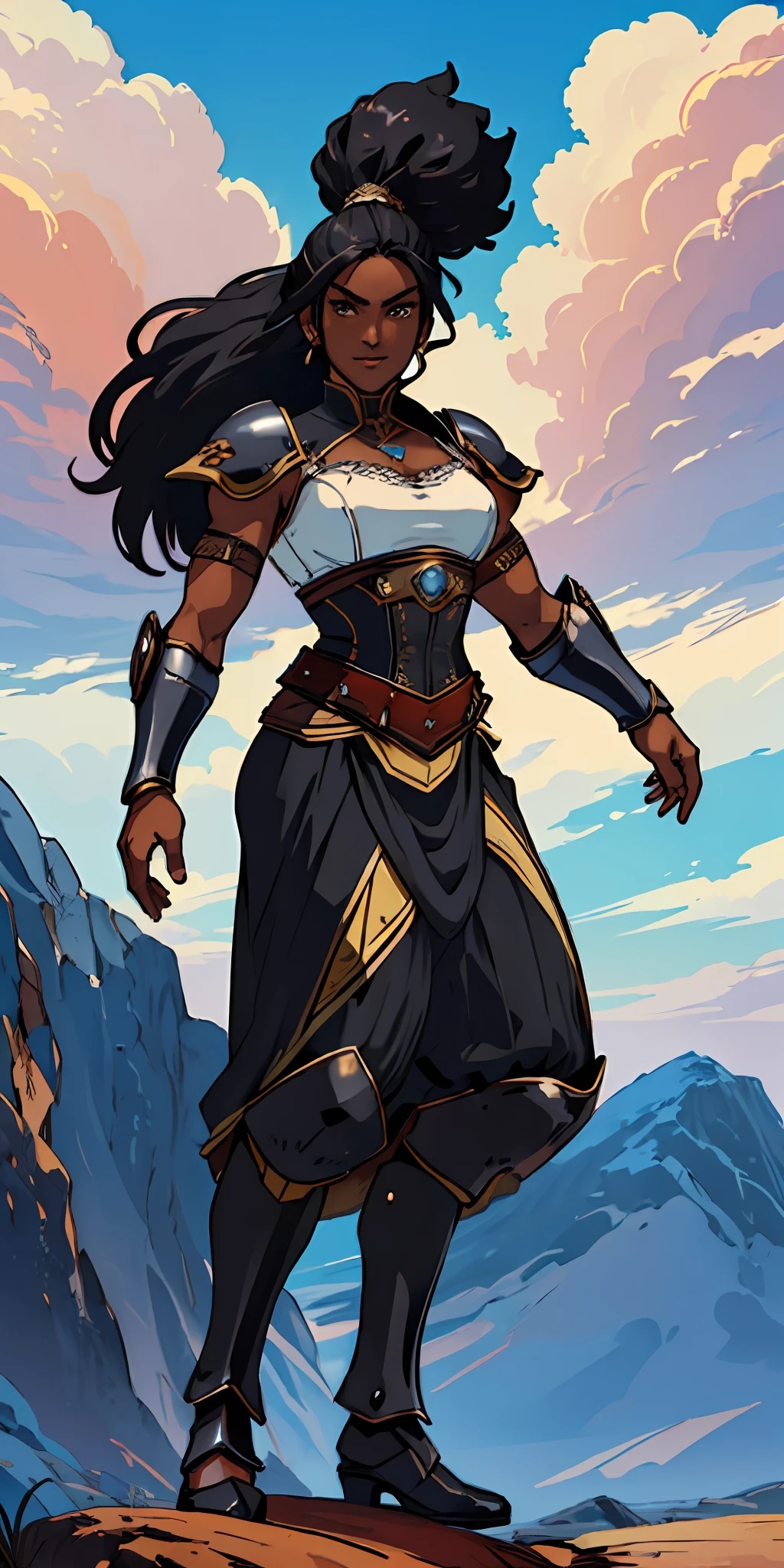 (((black skinned female warrior))), dynamic pose, wearing Victorian era armor, ((background: a sky full of clouds))