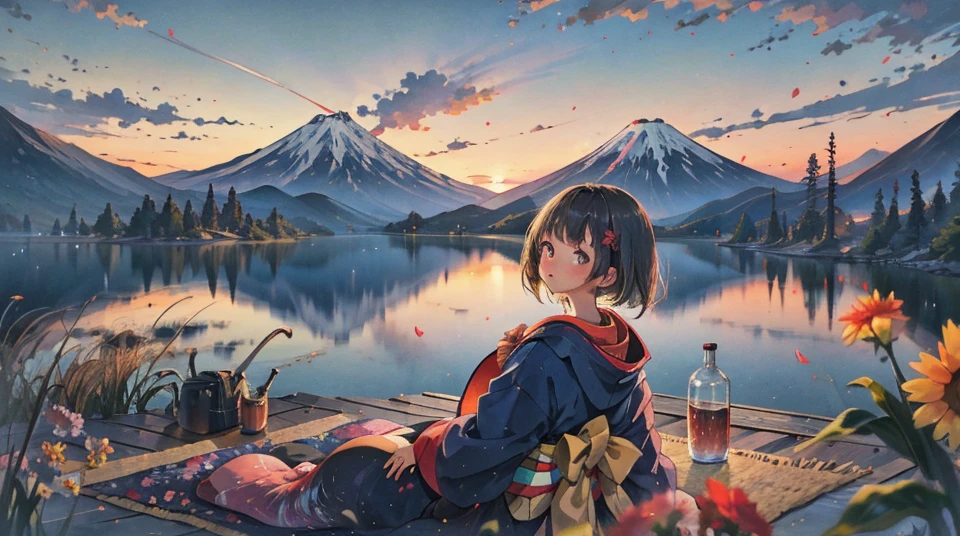 best quality, masterpiece, extremely detailed, detailed background, anime, 1girl, young girl, short girl, hands behind head, kimono, retro, mount fuji lansdscape, outdoors, sunset, beautiful sky, lake picnic, landscape, scenery, horizon, mountain sitting near mountain, wind, flower petal, looking away, atmospheric lighting, solo focus, close up, from side, depth of field, bokeh