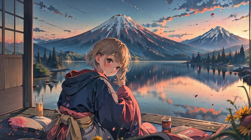 best quality, masterpiece, extremely detailed, detailed background, anime, 1girl, young girl, short girl, hands behind head, kimono, retro, mount fuji lansdscape, outdoors, sunset, beautiful sky, lake picnic, landscape, scenery, horizon, mountain sitting near mountain, wind, flower petal, looking away, atmospheric lighting, solo focus, close up, from side, depth of field, bokeh